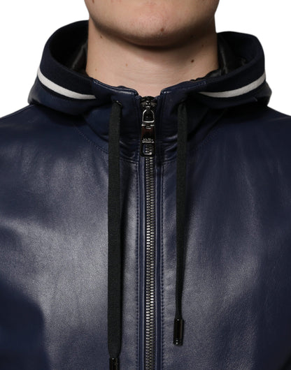 Dolce & Gabbana Blue Leather Full Zip Hooded Bomber Jacket by Dolce & Gabbana