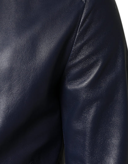 Dolce & Gabbana Blue Leather Full Zip Hooded Bomber Jacket by Dolce & Gabbana