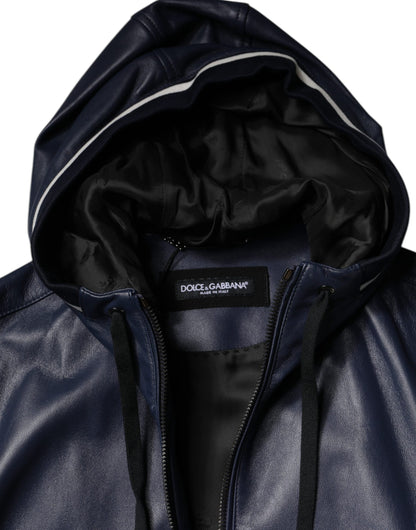 Dolce & Gabbana Blue Leather Full Zip Hooded Bomber Jacket by Dolce & Gabbana