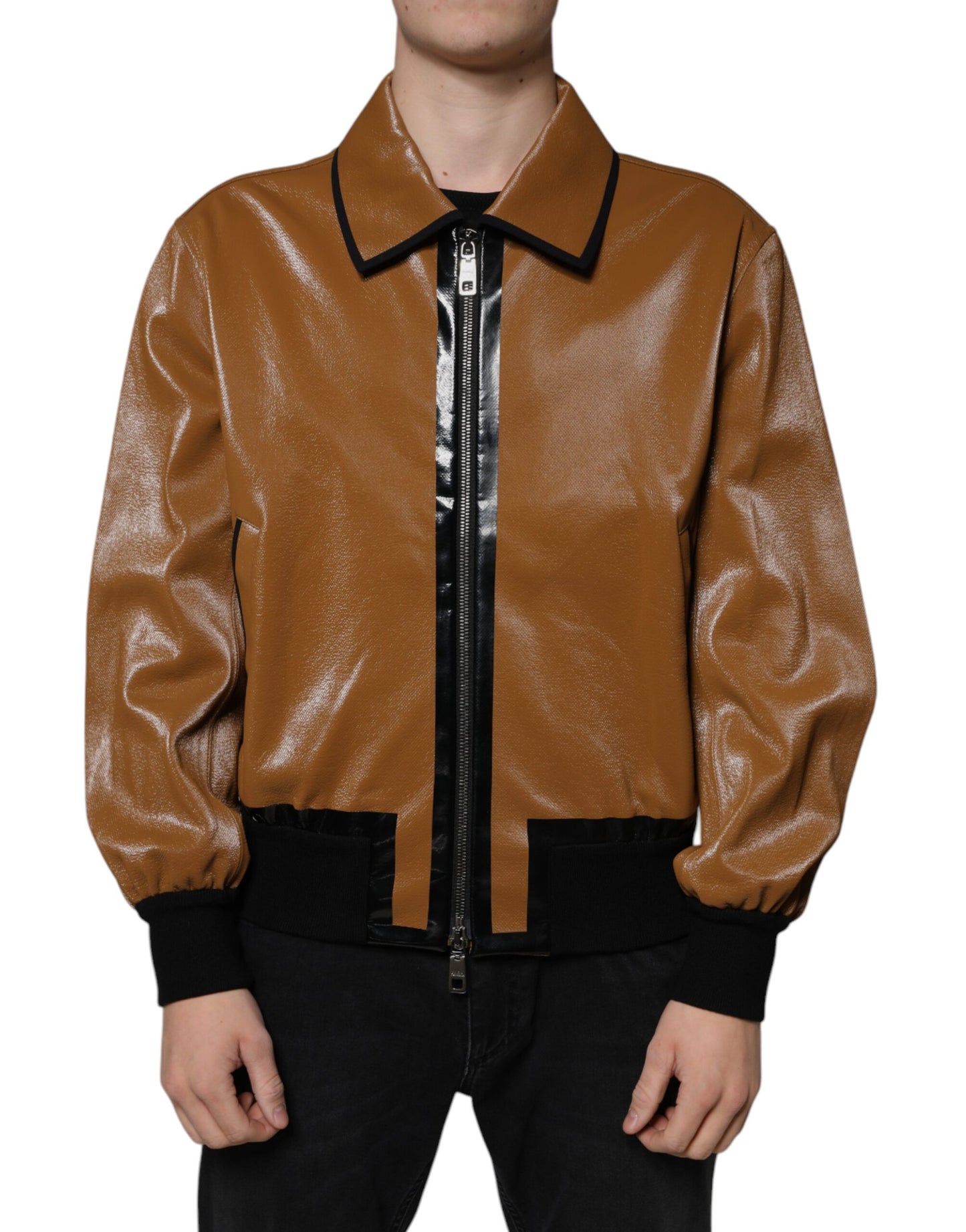Dolce & Gabbana Brown Leather Full Zip Men Bomber Jacket by Dolce & Gabbana