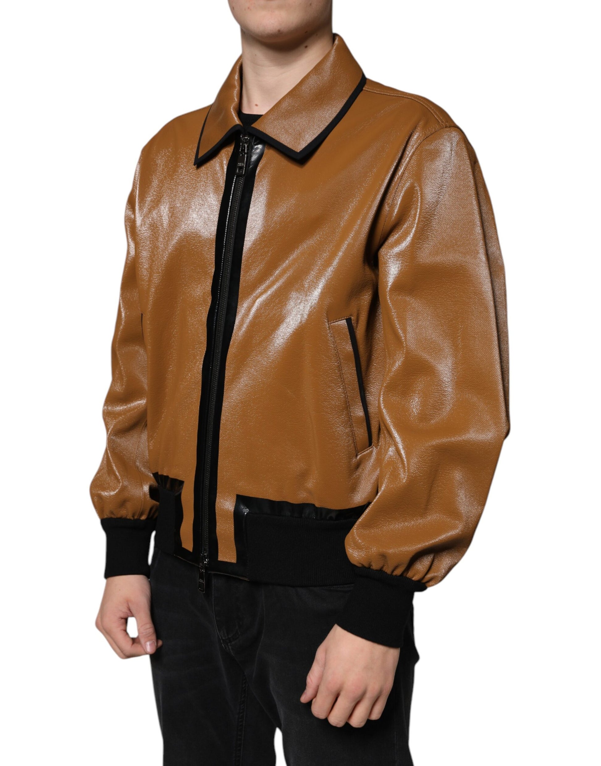 Dolce & Gabbana Brown Leather Full Zip Men Bomber Jacket by Dolce & Gabbana