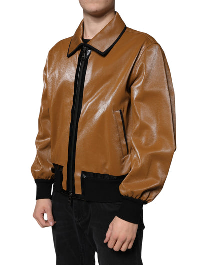 Dolce & Gabbana Brown Leather Full Zip Men Bomber Jacket by Dolce & Gabbana