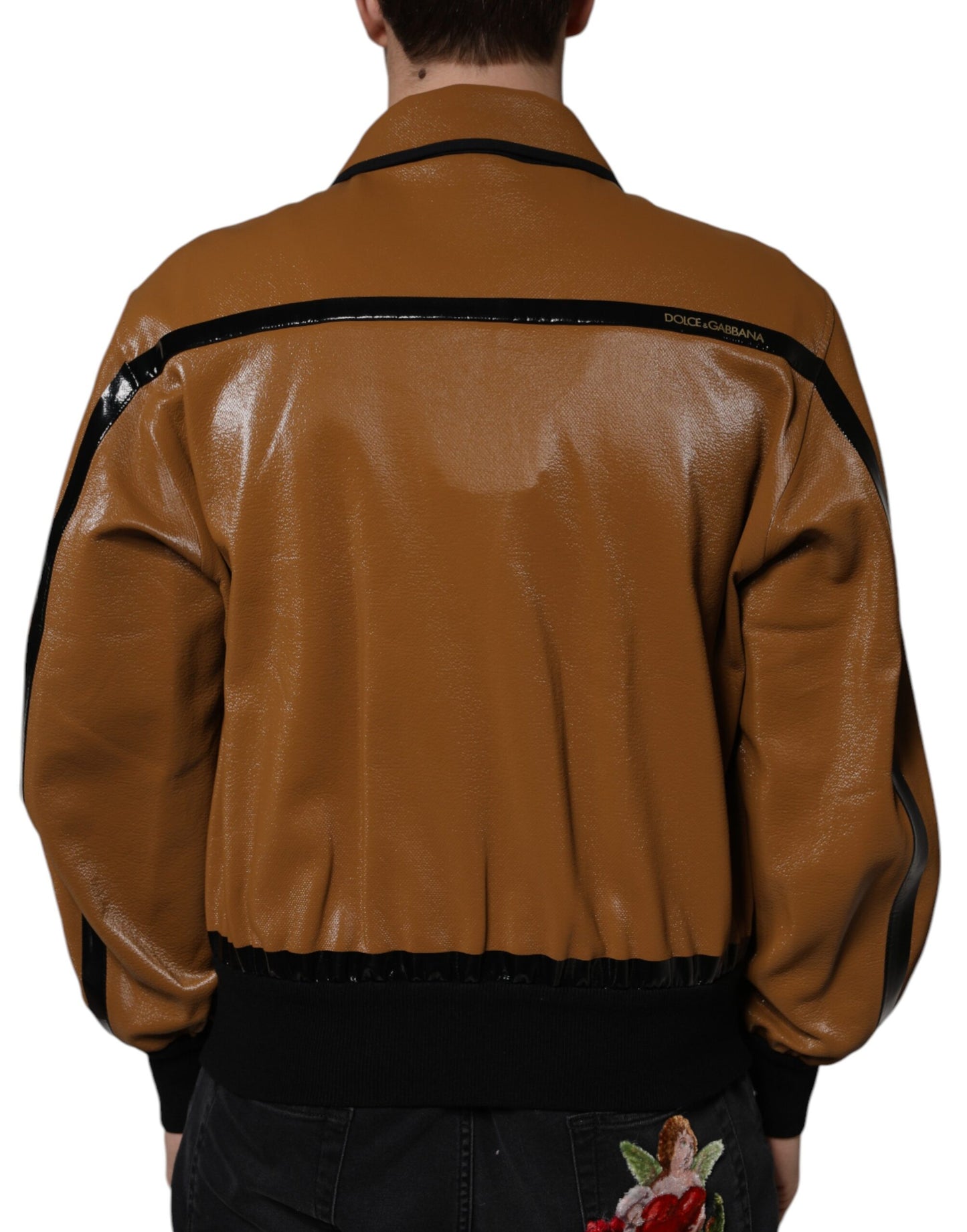 Dolce & Gabbana Brown Leather Full Zip Men Bomber Jacket by Dolce & Gabbana