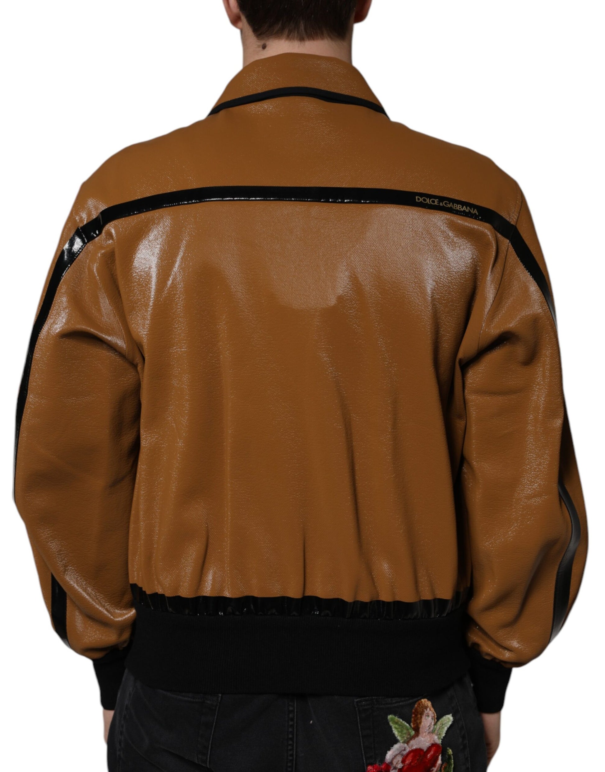 Dolce & Gabbana Brown Leather Full Zip Men Bomber Jacket by Dolce & Gabbana