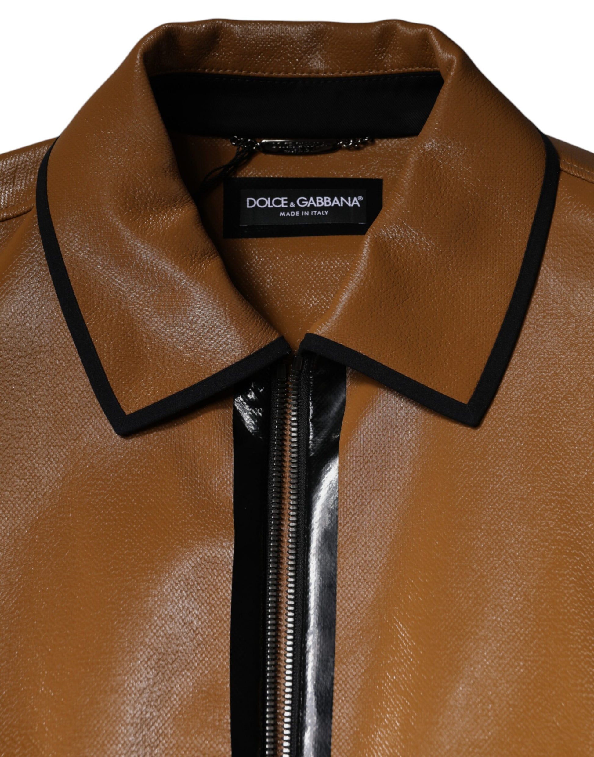 Dolce & Gabbana Brown Leather Full Zip Men Bomber Jacket by Dolce & Gabbana