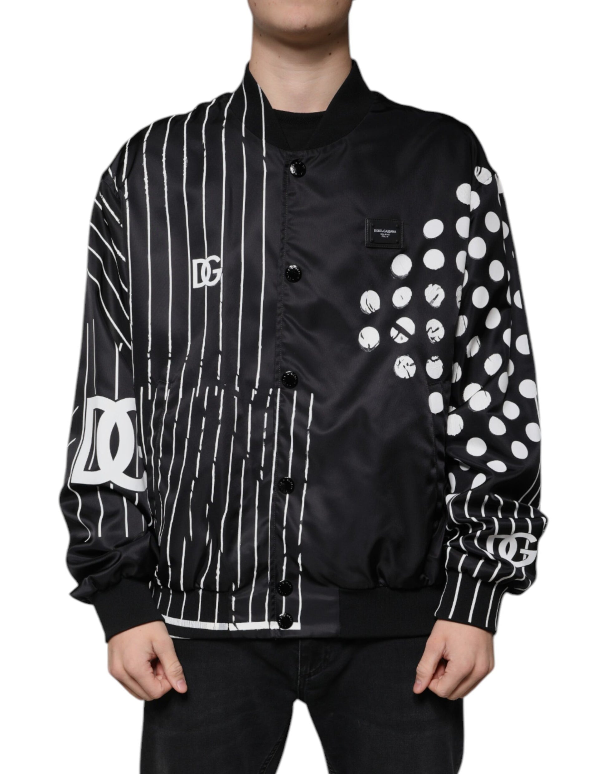 Dolce & Gabbana Black Polka Dot Stripe Nylon Bomber Jacket by Dolce & Gabbana