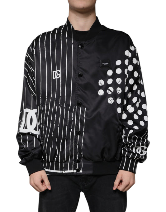 Dolce & Gabbana Black Polka Dot Stripe Nylon Bomber Jacket by Dolce & Gabbana