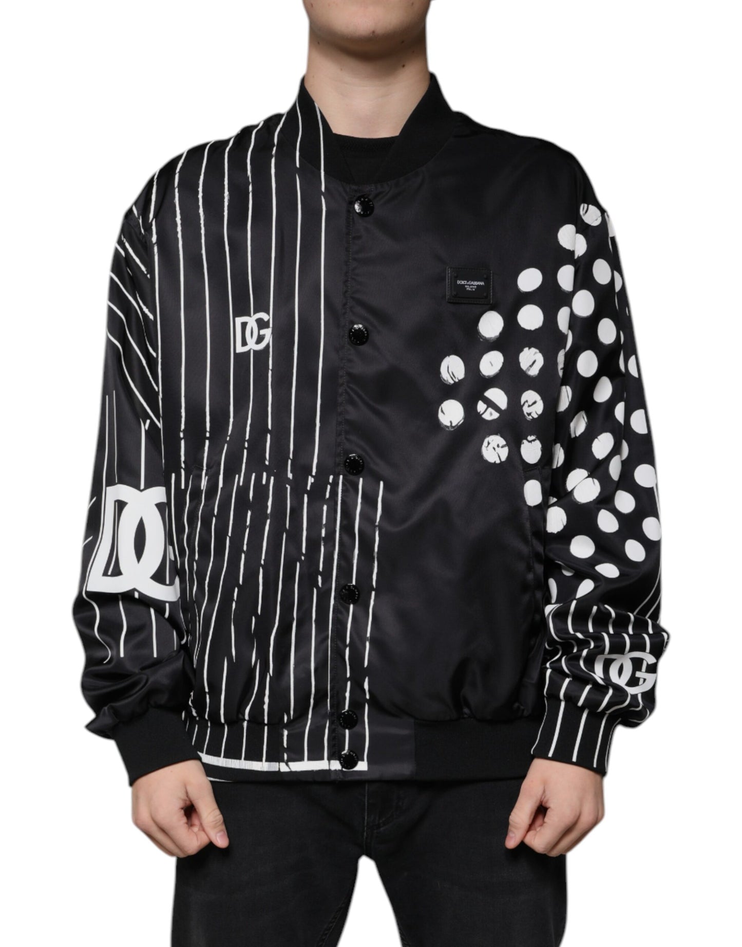 Dolce & Gabbana Black Polka Dot Stripe Nylon Bomber Jacket by Dolce & Gabbana