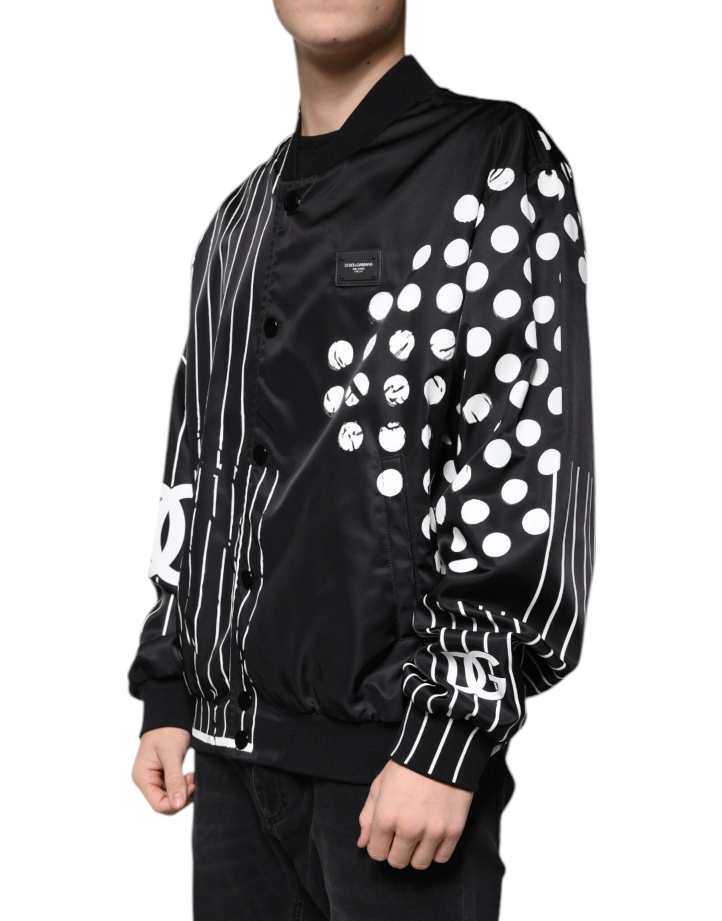 Dolce & Gabbana Black Polka Dot Stripe Nylon Bomber Jacket by Dolce & Gabbana