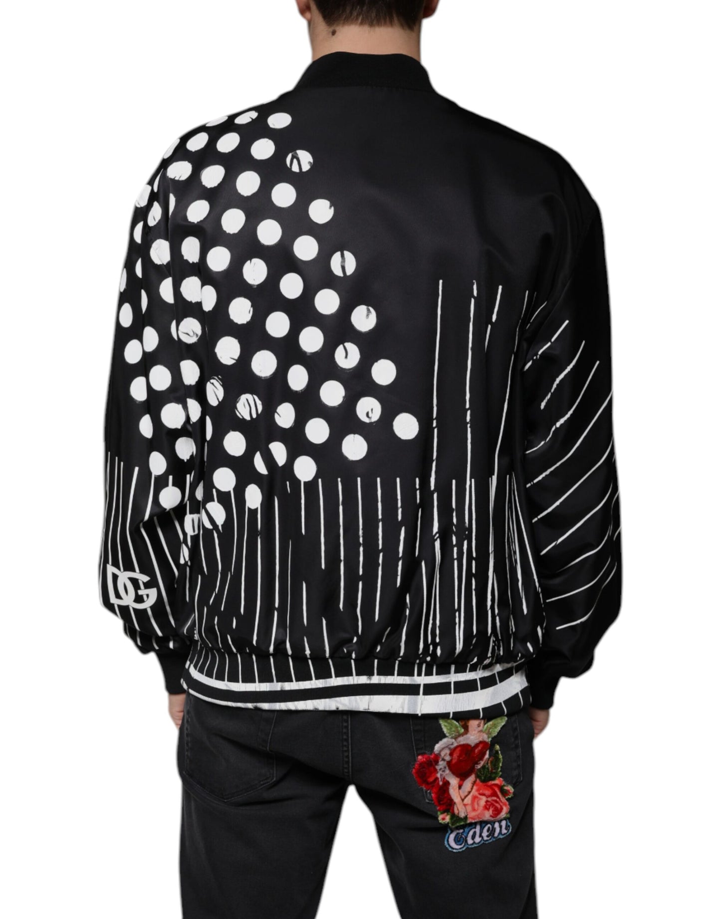 Dolce & Gabbana Black Polka Dot Stripe Nylon Bomber Jacket by Dolce & Gabbana