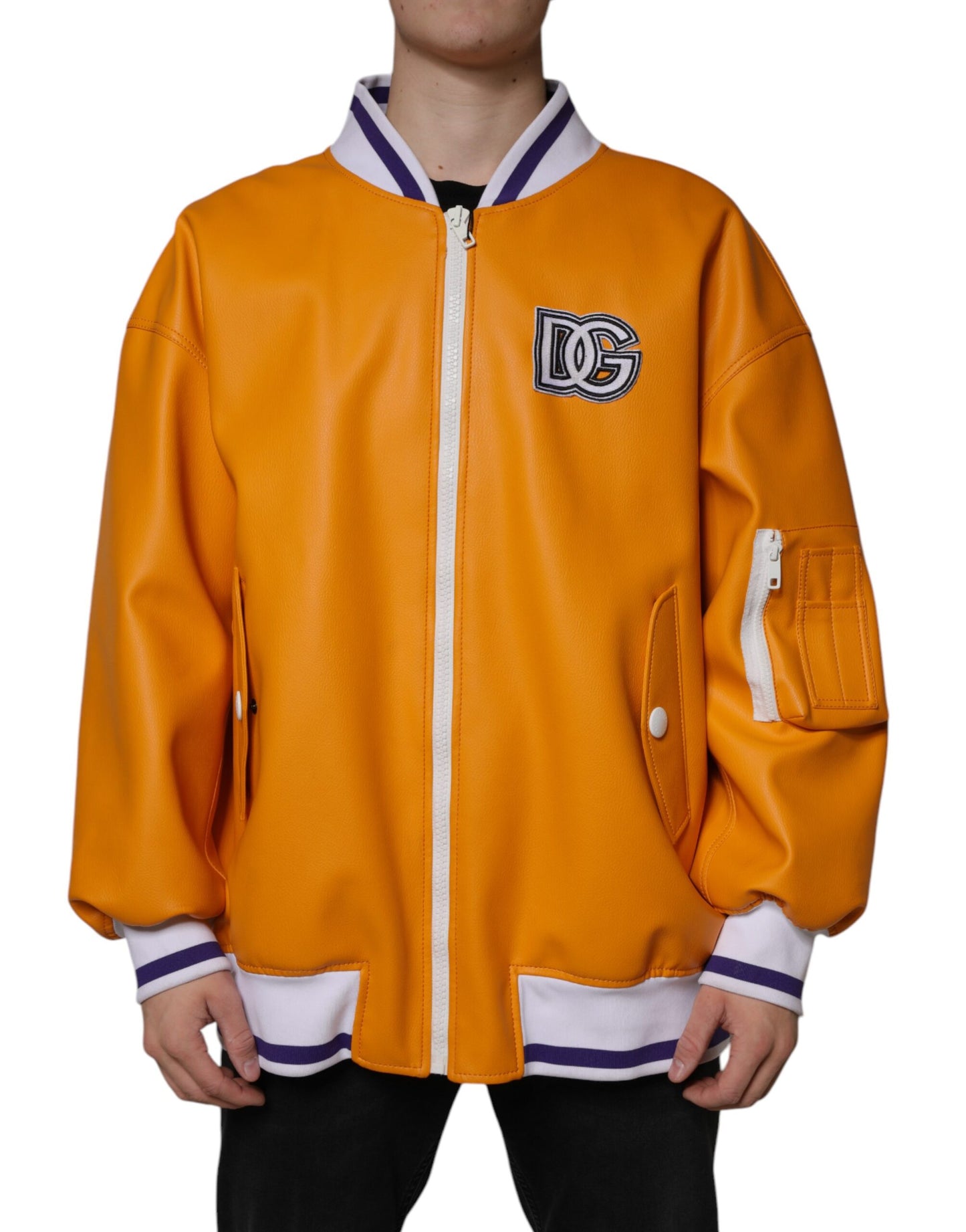 Dolce & Gabbana Orange White Full Zip Jersey Bomber Jacket by Dolce & Gabbana