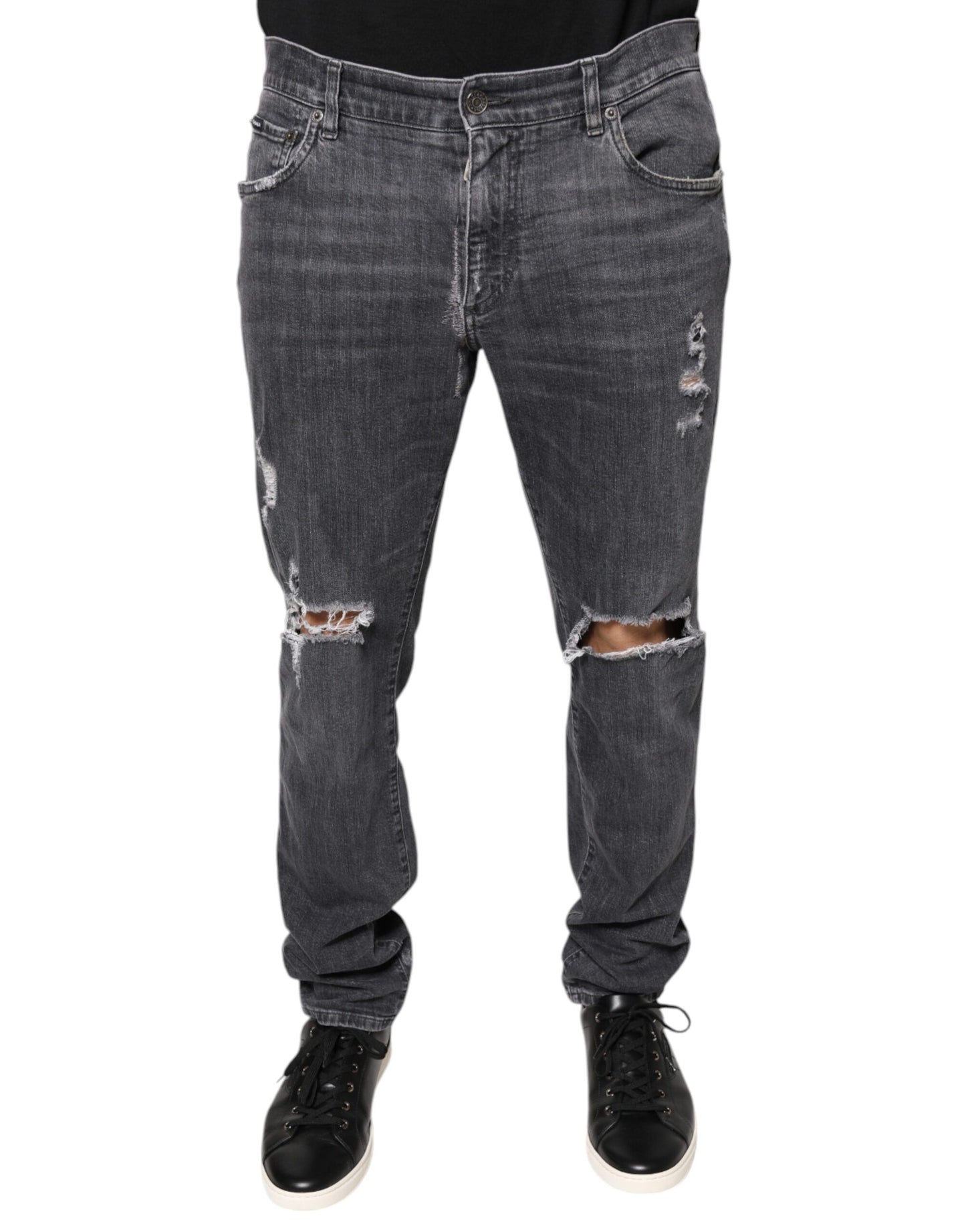 Dolce & Gabbana Dark Gray Tattered Cotton Skinny Denim Jeans by Dolce & Gabbana