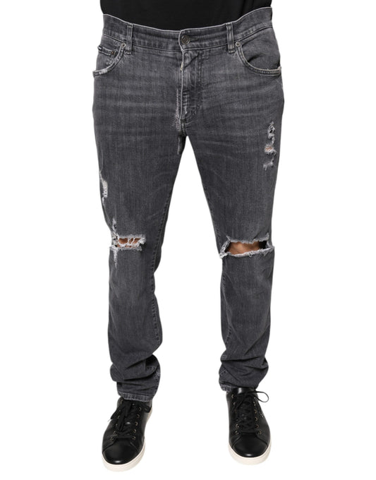 Dolce & Gabbana Dark Gray Tattered Cotton Skinny Denim Jeans by Dolce & Gabbana