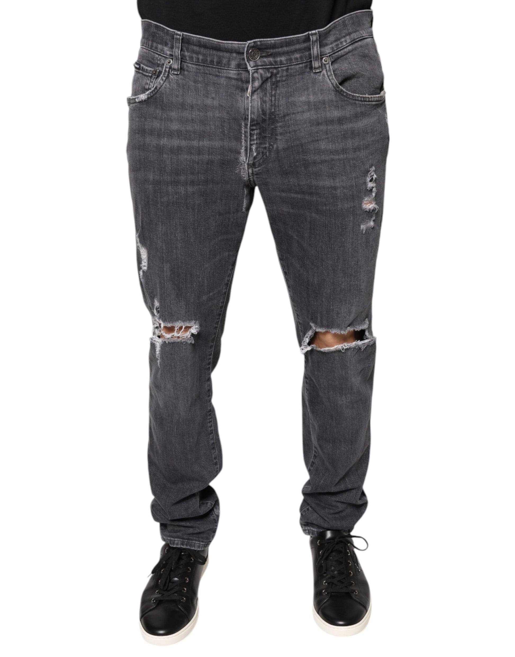Dolce & Gabbana Dark Gray Tattered Cotton Skinny Denim Jeans by Dolce & Gabbana