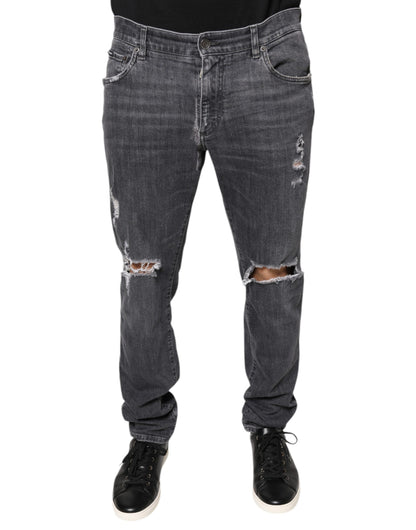 Dolce & Gabbana Dark Gray Tattered Cotton Skinny Denim Jeans by Dolce & Gabbana