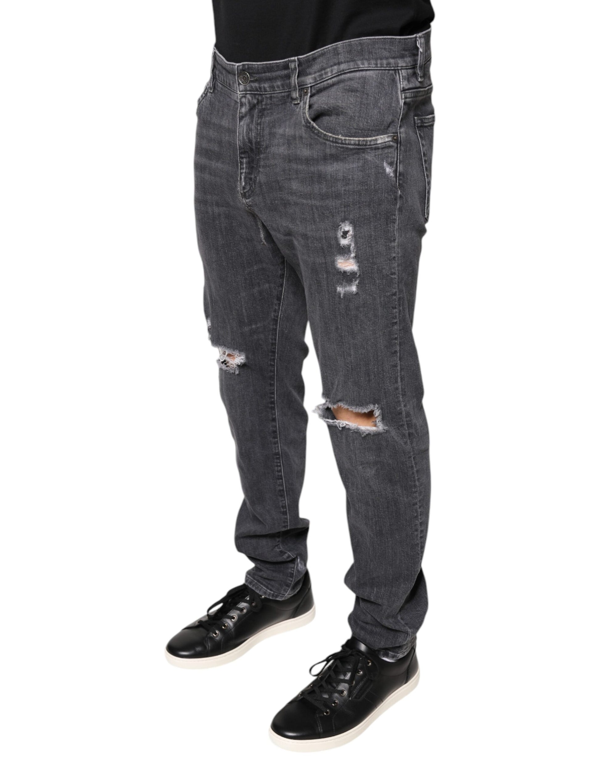 Dolce & Gabbana Dark Gray Tattered Cotton Skinny Denim Jeans by Dolce & Gabbana