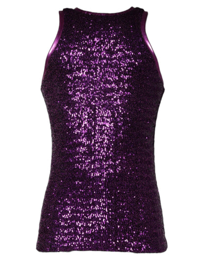 Dolce & Gabbana Purple Sequin Round Neck Sleeveless T-shirt by Dolce & Gabbana