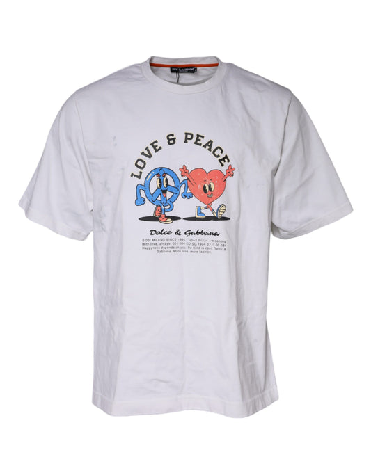 Dolce & Gabbana White Love & Peace Cotton Round Neck T-shirt by Dolce & Gabbana