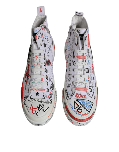 Dolce & Gabbana White Cotton Graffiti High Top Sneaker Shoes by Dolce & Gabbana