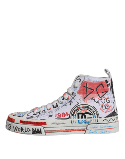 Dolce & Gabbana White Cotton Graffiti High Top Sneaker Shoes by Dolce & Gabbana