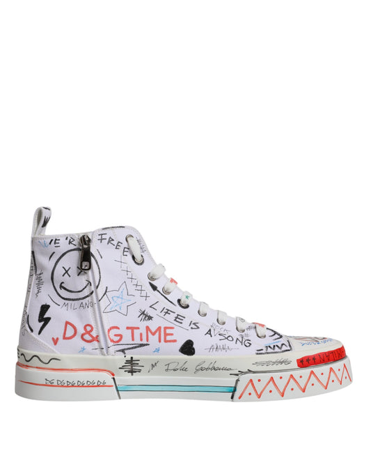 Dolce & Gabbana White Cotton Graffiti High Top Sneaker Shoes by Dolce & Gabbana