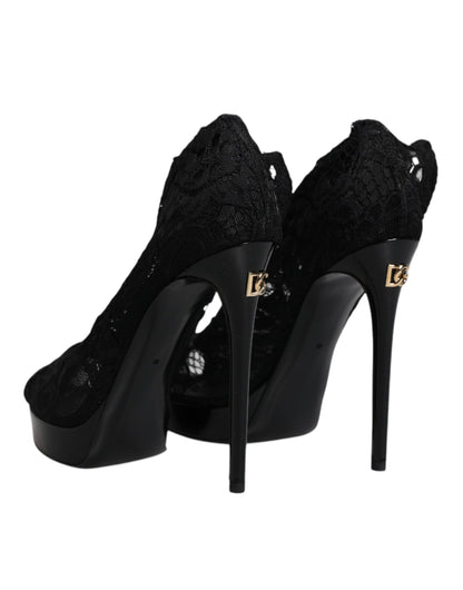 Dolce & Gabbana Black Stretch Taormina Lace Boots Shoes by Dolce & Gabbana