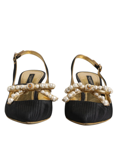 Dolce & Gabbana Black Leather Faux Pearls Slingbacks Shoes by Dolce & Gabbana