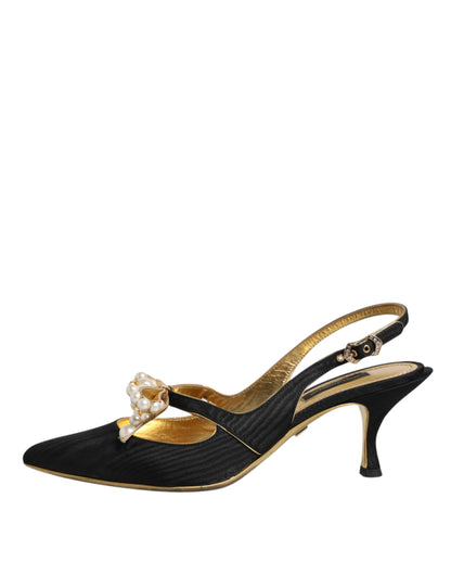Dolce & Gabbana Black Leather Faux Pearls Slingbacks Shoes by Dolce & Gabbana