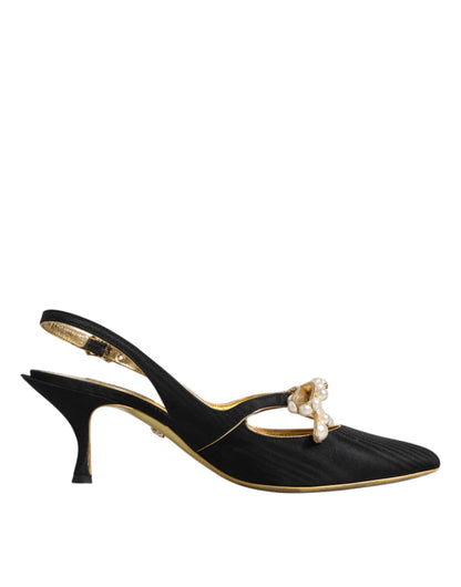 Dolce & Gabbana Black Leather Faux Pearls Slingbacks Shoes by Dolce & Gabbana