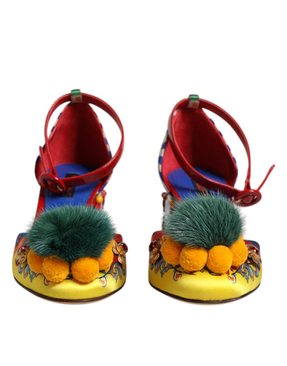 Dolce & Gabbana Multicolor Carretto Crystal Fur Sandals Shoes by Dolce & Gabbana