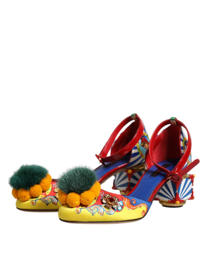 Dolce & Gabbana Multicolor Carretto Crystal Fur Sandals Shoes by Dolce & Gabbana