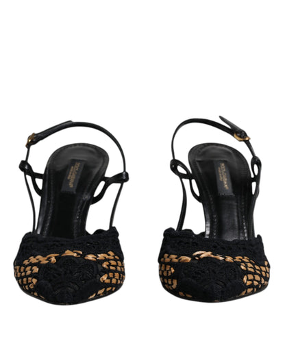 Dolce & Gabbana Black Brown Lace High Heels Slingback Shoes by Dolce & Gabbana