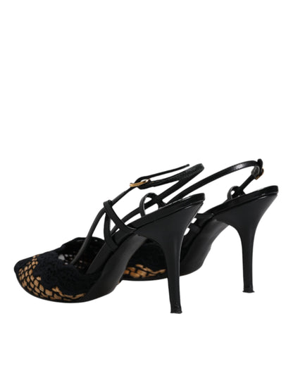 Dolce & Gabbana Black Brown Lace High Heels Slingback Shoes by Dolce & Gabbana