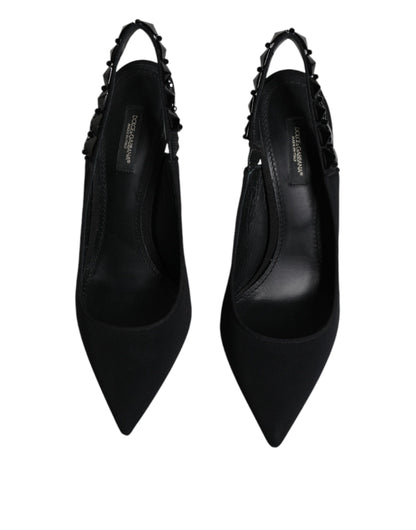 Dolce & Gabbana Black Embellished Charmeuse Slingback Shoes by Dolce & Gabbana