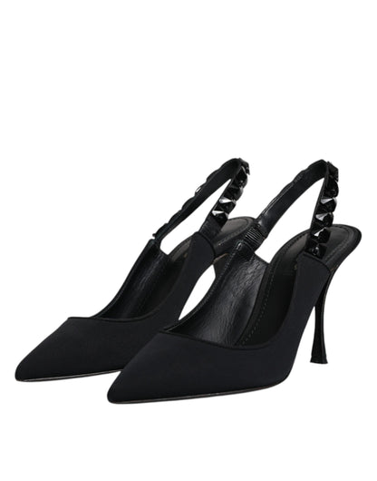 Dolce & Gabbana Black Embellished Charmeuse Slingback Shoes by Dolce & Gabbana