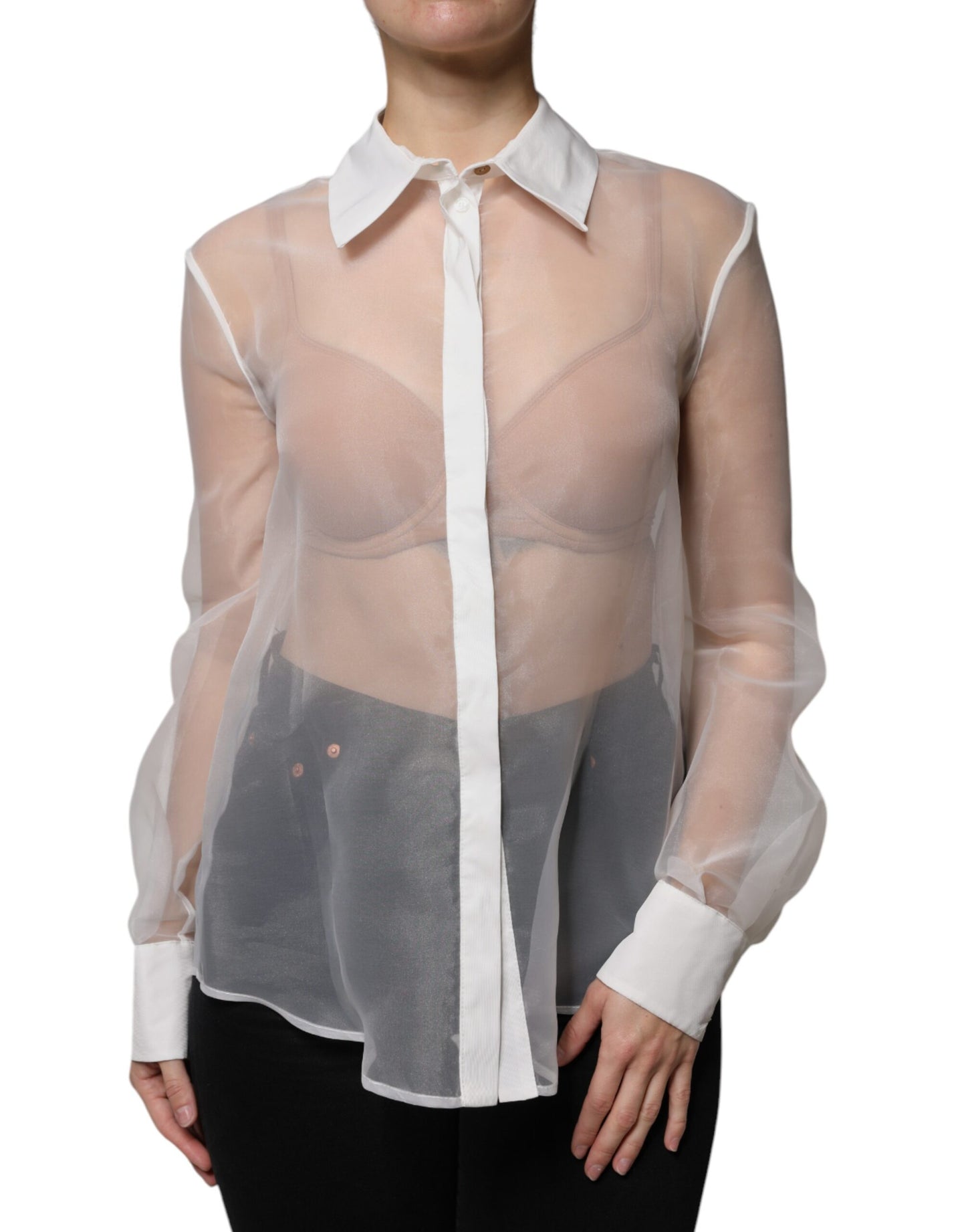 Elisabetta Franchi White Sheer Collared Buttoned Long Sleeves Top by Elisabetta Franchi