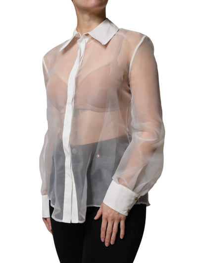Elisabetta Franchi White Sheer Collared Buttoned Long Sleeves Top by Elisabetta Franchi