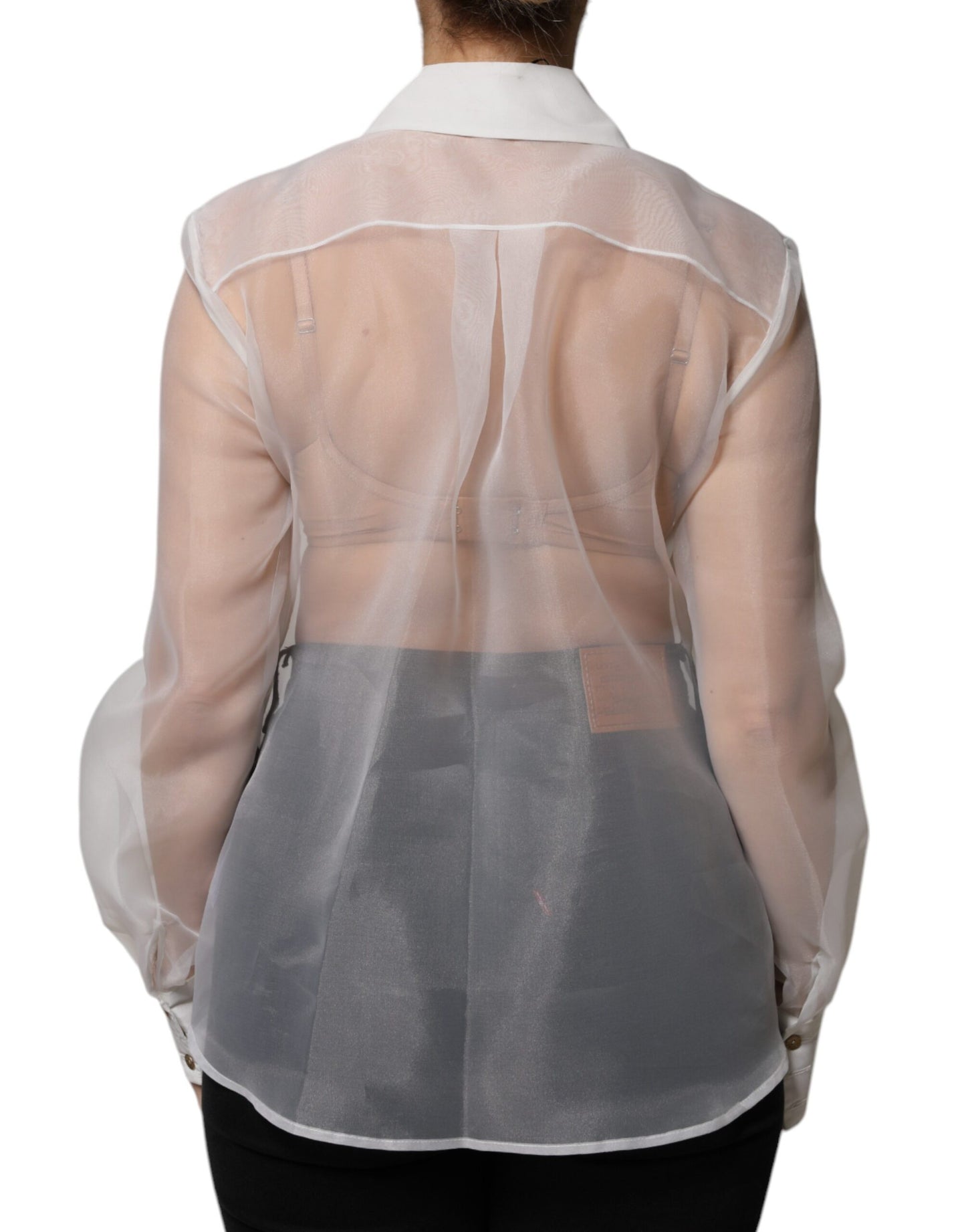 Elisabetta Franchi White Sheer Collared Buttoned Long Sleeves Top by Elisabetta Franchi