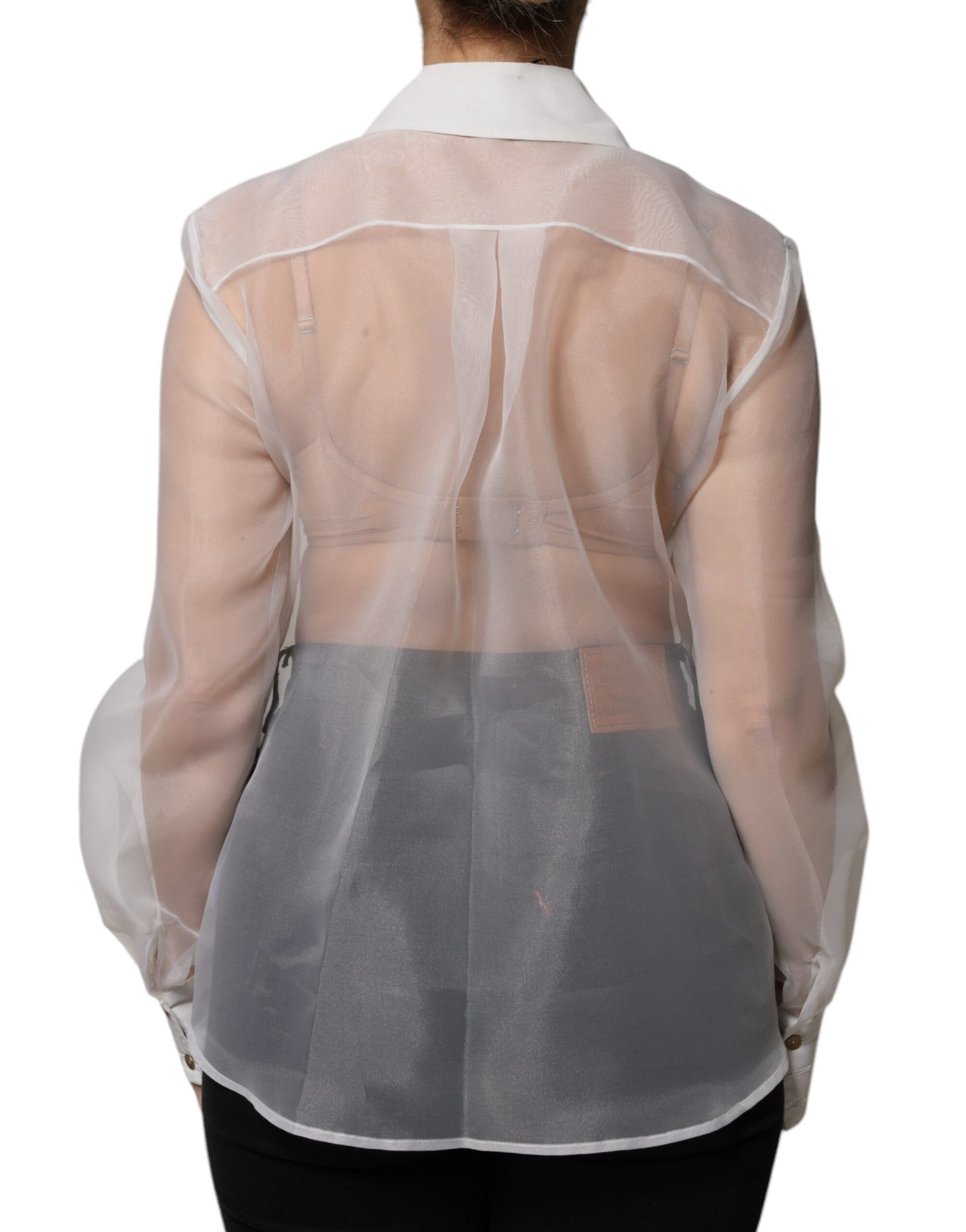 Elisabetta Franchi White Sheer Collared Buttoned Long Sleeves Top by Elisabetta Franchi