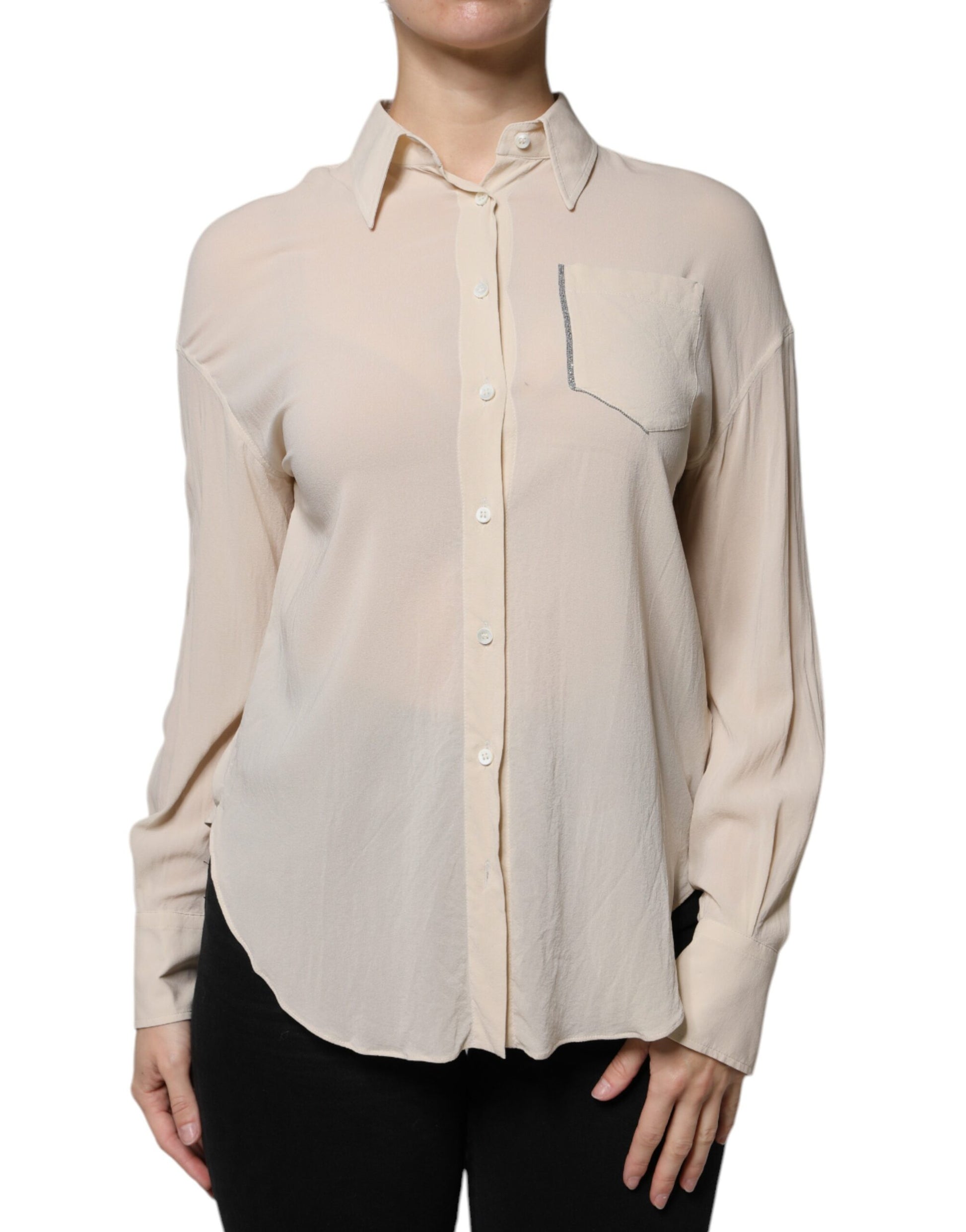 Brunello Cucinelli Beige Silk Blend Collared Button Down Top by Brunello Cucinelli