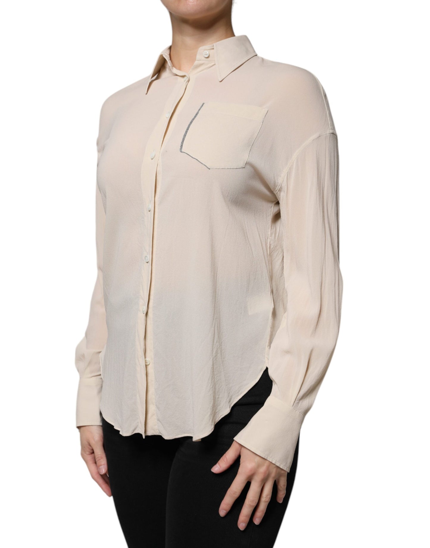 Brunello Cucinelli Beige Silk Blend Collared Button Down Top by Brunello Cucinelli