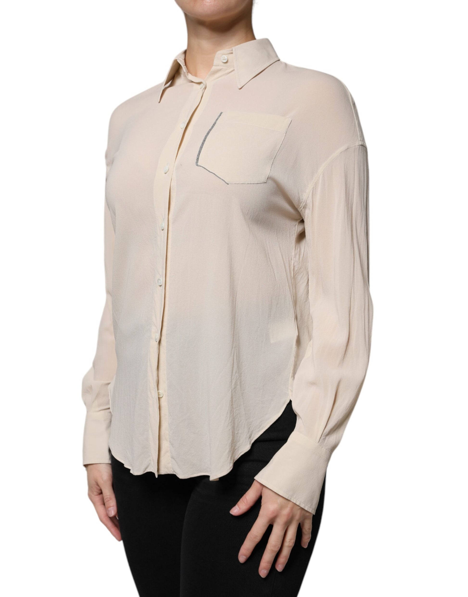 Brunello Cucinelli Beige Silk Blend Collared Button Down Top by Brunello Cucinelli