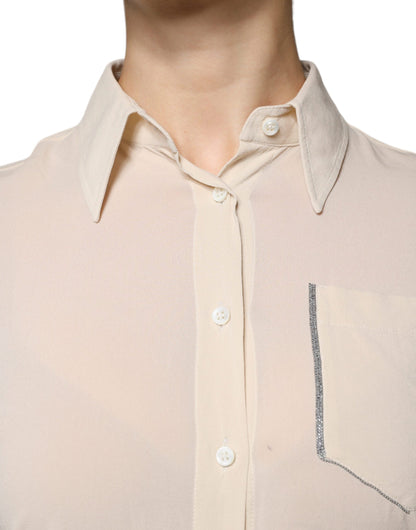 Brunello Cucinelli Beige Silk Blend Collared Button Down Top by Brunello Cucinelli
