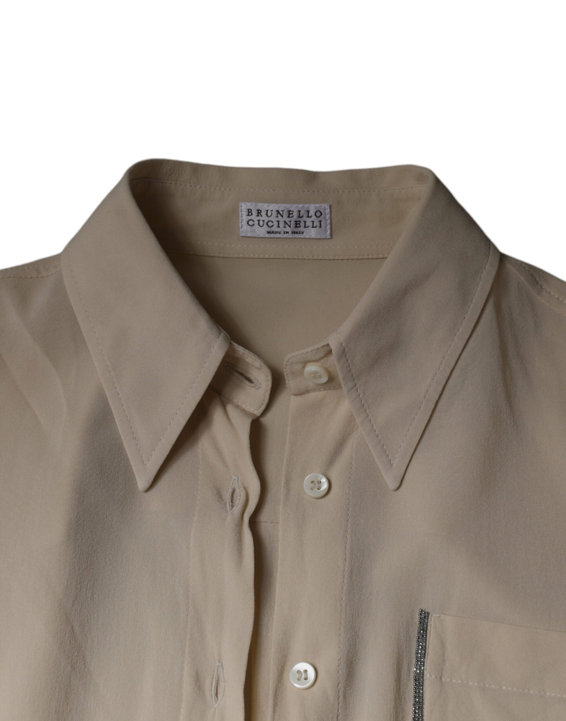 Brunello Cucinelli Beige Silk Blend Collared Button Down Top by Brunello Cucinelli