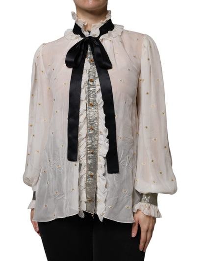 Dolce & Gabbana Off White Silk Blend Ascot Collar Blouse Top by Dolce & Gabbana