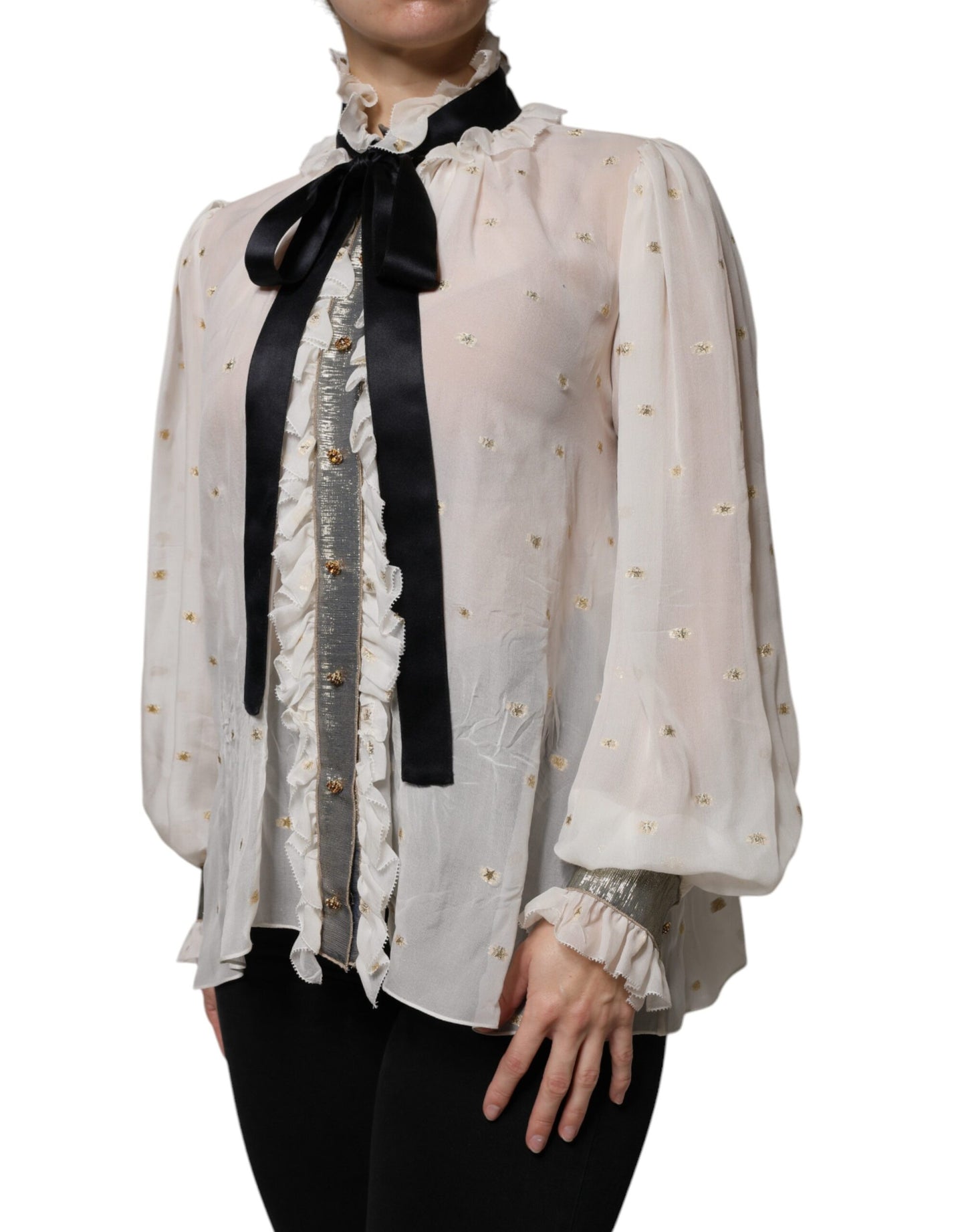 Dolce & Gabbana Off White Silk Blend Ascot Collar Blouse Top by Dolce & Gabbana