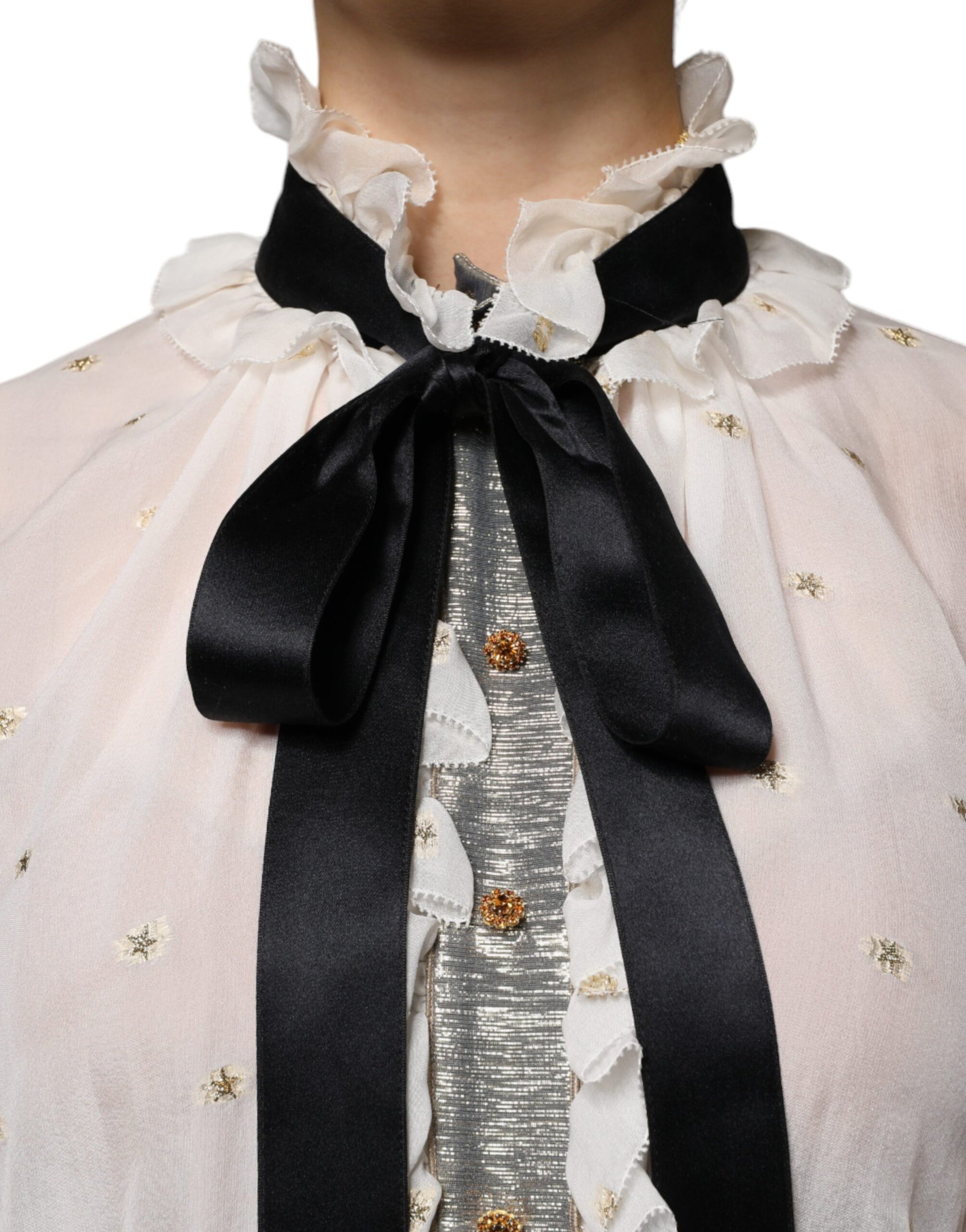 Dolce & Gabbana Off White Silk Blend Ascot Collar Blouse Top by Dolce & Gabbana