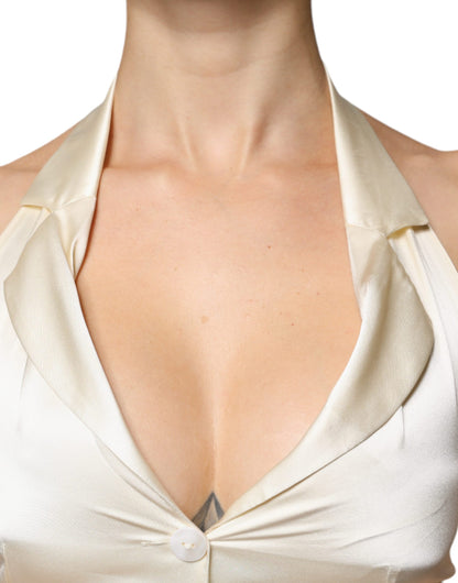 L'Autre Chose Off White Silk Sleeveless Buttoned Halter Top by L'Autre Chose