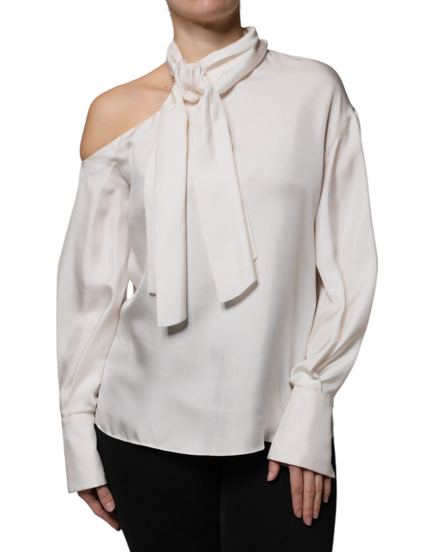 Brunello Cucinelli Beige Silk Ascot Collared Long Sleeves Top by Brunello Cucinelli