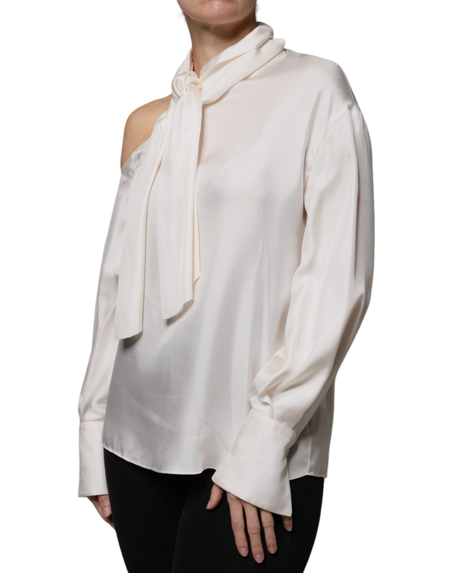 Brunello Cucinelli Beige Silk Ascot Collared Long Sleeves Top by Brunello Cucinelli